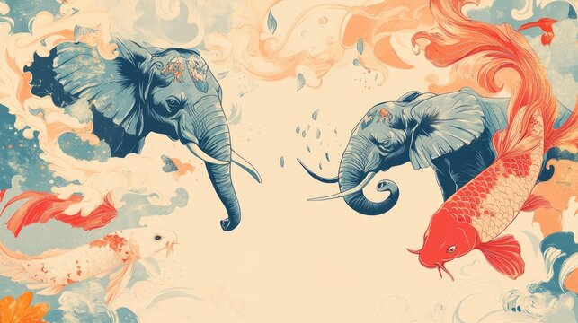 Abstract design incorporating symbolic creatures such as elephants, phoenixes, and koi fish, with a calming background and room for text