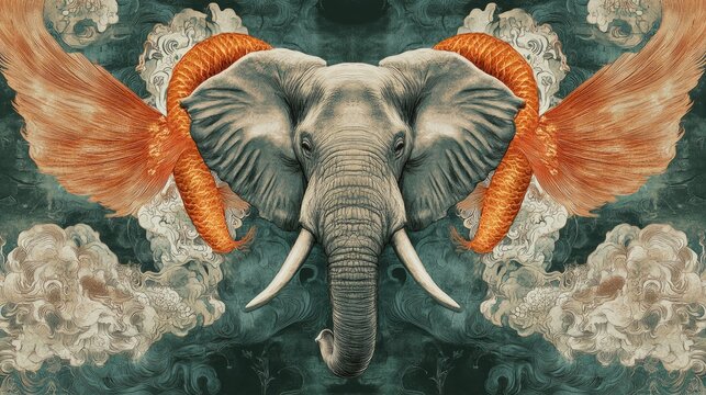Abstract design incorporating symbolic creatures such as elephants, phoenixes, and koi fish, with a calming background and room for text