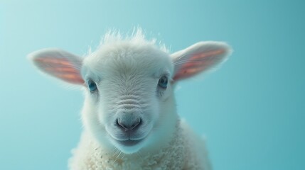 Playful lamb on a soft blue background 32k, full ultra HD, high resolution