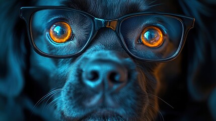 Closeup of a thoughtful black dog with glowing orange eyes behind stylish glasses