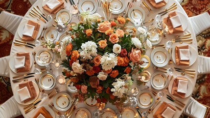 Up close table setting at a wedding reception with floral arrangements