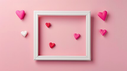 Minimalist white picture frame on a pink backdrop, Valentines Day-themed elements subtly integrated, stylish and romantic