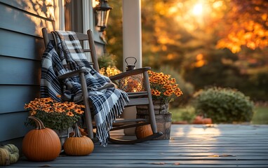 8. A front porch decorated for fall with pumpkins, lanterns, a cozy rocking chair with a plaid blanket, and potted mums in full bloom, all bathed in the golden light of the setting sun