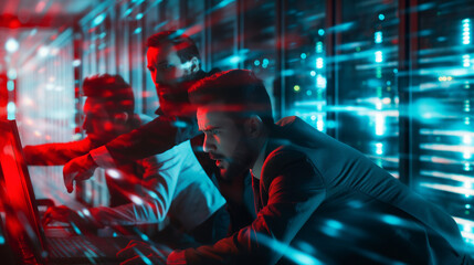 Poster - a dynamic scene showing a cyber attacker attempting to breach a network while cybersecurity professionals respond with countermeasures for digital data protection 