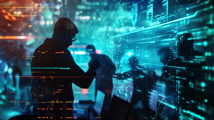 Poster - a dynamic scene showing a cyber attacker attempting to breach a network while cybersecurity professionals respond with countermeasures for digital data protection 