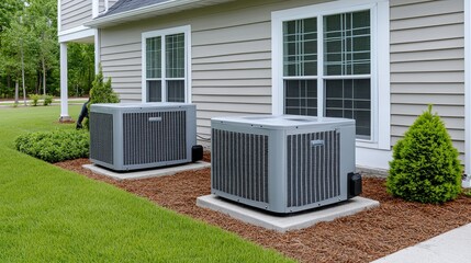 semi close-up of two HVAC workers performing maintenance on an air conditioner outside a residential building, focus on efficiency and professionalism, copy space for text,