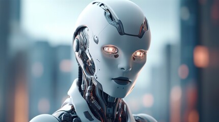 Canvas Print - Close-up Portrait of a Futuristic Female Robot with Glowing Eyes