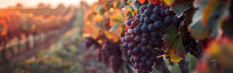 Bunch of ripe grapes in vineyard at sunset