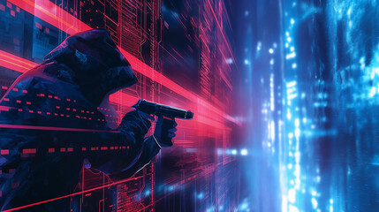 Poster - a dynamic scene showing a cyber attacker attempting to breach a network while cybersecurity professionals respond with countermeasures for digital data protection 