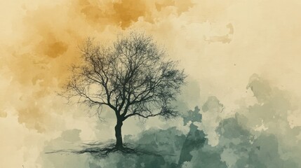 Wall Mural - artistic abstract line drawing of a tree, with a muted watercolor background suitable for text addit