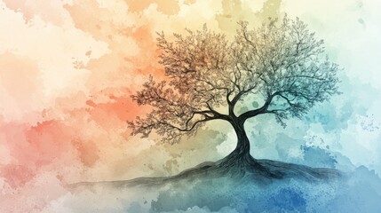 Wall Mural - artistic abstract line drawing of a tree, with a muted watercolor background suitable for text addit
