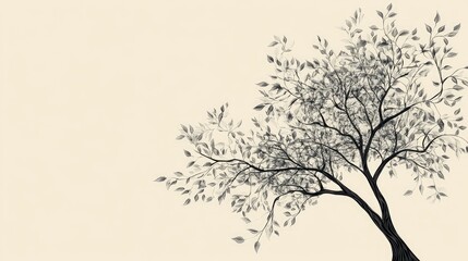 Wall Mural - artistic abstract line drawing of a tree with leaves, with a clean background that includes space fo