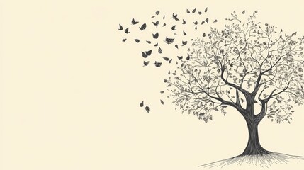 Wall Mural - artistic abstract line drawing of a tree with leaves, with a clean background that includes space fo
