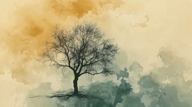 Artistic abstract line drawing of a tree, with a muted watercolor background suitable for text addition