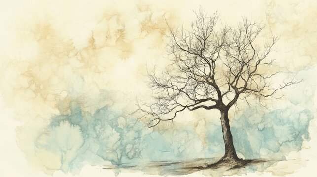 Artistic abstract line drawing of a tree, with a muted watercolor background suitable for text addition