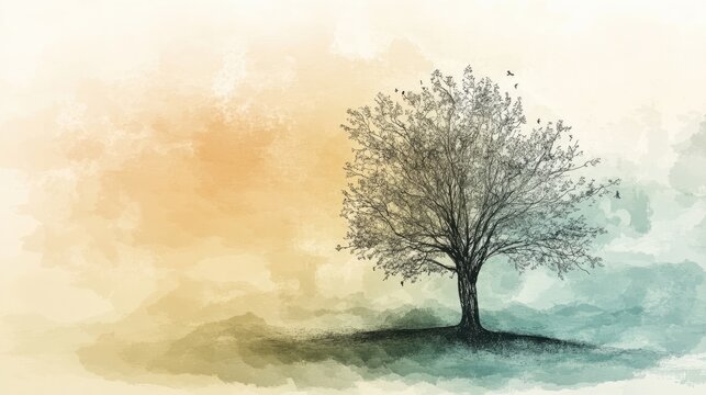 Artistic abstract line drawing of a tree, with a muted watercolor background suitable for text addition