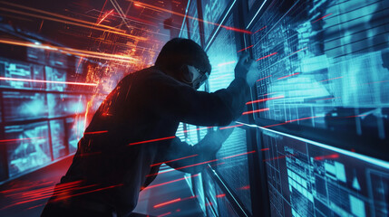Poster - a dynamic scene showing a cyber attacker attempting to breach a network while cybersecurity professionals respond with countermeasures for digital data protection 
