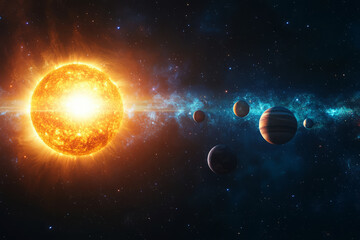 Wall Mural - planets are orbiting massive star in deep space. planetary system and glowing star
