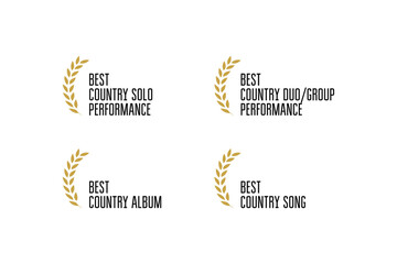 music award logo vector set: country song, album, solo or duo performance of the year. golden badge 