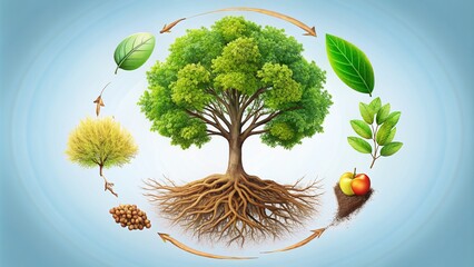 A stylized illustration of a tree's lifecycle, from seed to maturity, forming a circular pattern, symbolizing growth, harmony, and the cyclical nature of life.