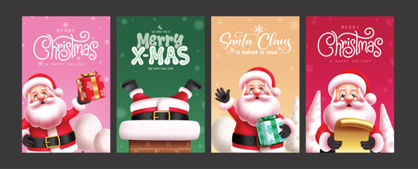 Poster - Christmas card santa claus vector poster design. Christmas greetings card with santa claus holding git box, smiling, waving and reading wish list in colorful template collection. Vector illustration 