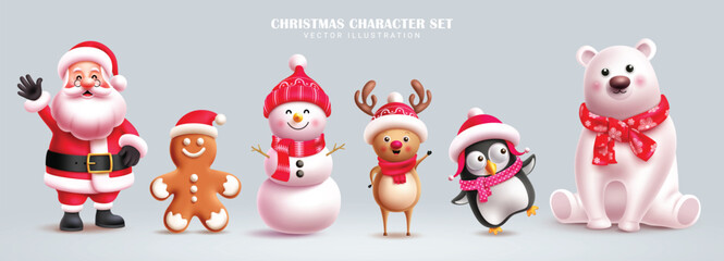 Poster - Christmas characters vector set banner design. Santa claus, ginger bread, snowman, reindeer, penguin and polar bear christmas cute character collection in isolated background. Vector illustration