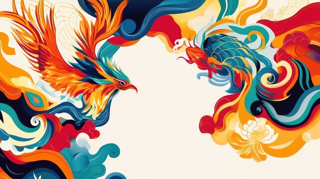 Colorful abstract design featuring auspicious creatures such as the phoenix, turtle, and dragon, with space for text in a vibrant layout