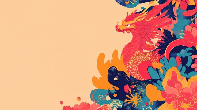 Colorful abstract design featuring auspicious creatures such as the phoenix, turtle, and dragon, with space for text in a vibrant layout
