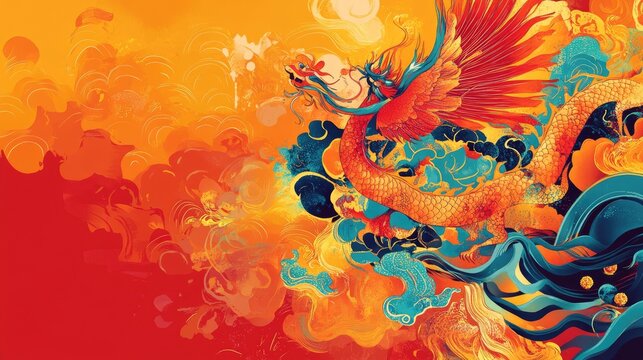 Colorful abstract design featuring auspicious creatures such as the phoenix, turtle, and dragon, with space for text in a vibrant layout