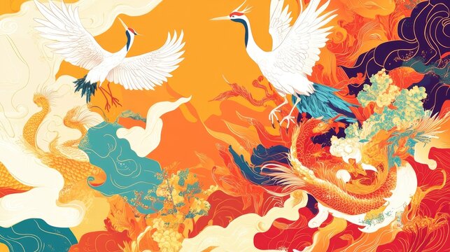 Colorful abstract design showcasing auspicious creatures including cranes, dragons, and turtles, with a vibrant background and space for text