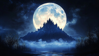 Wall Mural - moonlight illuminates spooky landscape, fog covers old tomb generated by ai