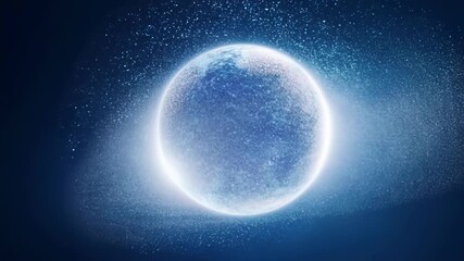 Poster - A luminous orb emits bright light while surrounded by a cloud of sparkling particles against a deep blue background.