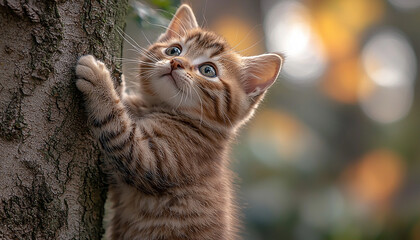 Canvas Print - Fluffy kitten playing in grass, staring at camera generated by AI