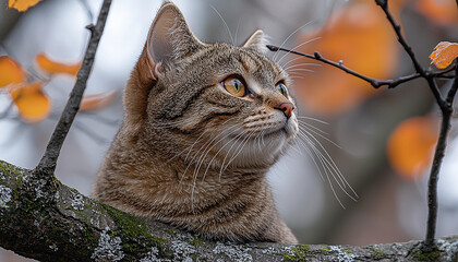 Sticker - Cute kitten sitting on branch staring at snow generated by AI