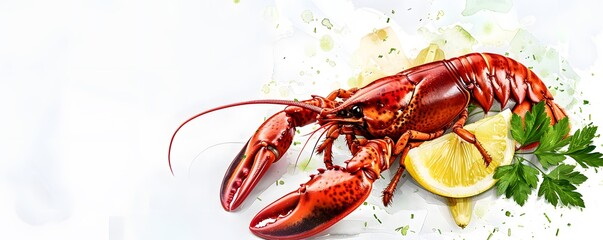 Wall Mural - A Cooked Lobster with Lemon and Parsley on a White Background