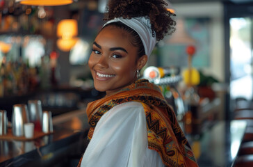 Wall Mural - A beautiful mixed race woman wearing an elegant scarf, sitting at the bar of her restaurant smiling and looking to camera