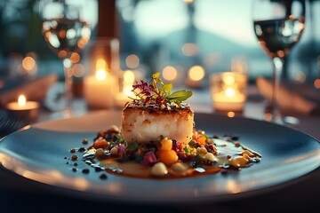 Poster - Detailed close-up of a beautifully prepared dish with a focus on the textures and colors of the food, surrounded by elegant tableware and soft, romantic lighting that highlights the meal