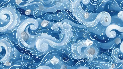 colorful waves and seashells create a lively ocean pattern filled with motion and energy