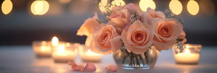 Poster - 
Close-up of a delicate floral arrangement in a small vase on the table, with soft candlelight reflecting off the petals and creating a warm, romantic glow around the flowers