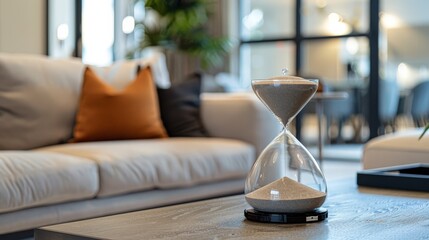Poster - An oversized sand clock, serving as a striking statement piece in a living room or office, with a mesmerizing flow of sand.
