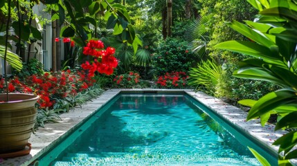 Wall Mural - Capture a serene swimming pool surrounded by red flowers and lush greenery, creating a tranquil oasis.