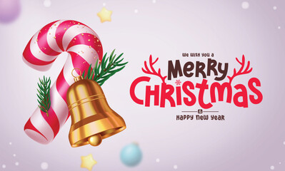 Wall Mural - Merry christmas greeting vector design. Christmas greeting text in simple winter background with candy cane, bell and spruce leaves elements for xmas decoration. Vector illustration traditional card 