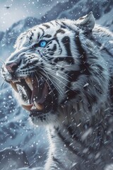 Poster - Captured in a three-quarter profile portrait, a white tiger with glowing blue eyes and a fierce expression roars in the snowy mountains, viewed from an extreme low angle.