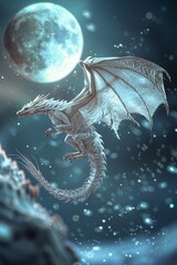 Canvas Print - Captured in film style, a crystal dragon flies through a moonlit sky, its scales sparkling with otherworldly light. The dragon's ethereal beauty and shimmering presence create a scene of pure magic