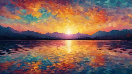 Wall Mural - vibrant sunset over a calm lake, with mountains 