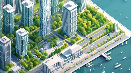 Wall Mural - An isometric representation of a city waterfront with a marina, promenades, and adjacent skyscrapers, highlighting the interplay between nature and urban development.