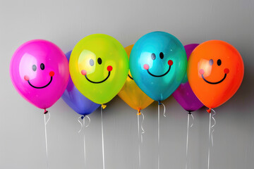 Wall Mural - A bunch of colorful balloons with smiling faces on a grey background