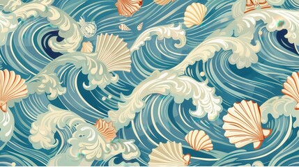 Wall Mural - dynamic waves collide with seashells in a colorful ocean design, showcasing the beauty of marine lif