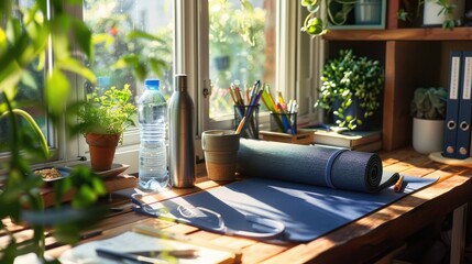 Wall Mural - Wellness Oasis: A desk with a yoga mat, a water bottle, and a few healthy snacks, creating a space for mindfulness and self-care