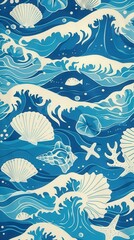 Wall Mural - a colorful design featuring waves, seashells, and fish in a lively ocean setting